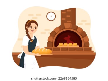 Bread Mill Illustration with Wheat Sacks, Various Breads and Windmill for Web Banner or Landing Page in Flat Cartoon Hand Drawn Templates