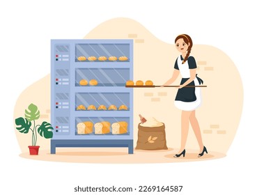 Ilustración del molino de pan con sacos de trigo, varios panes y molino de viento para banner web o página de aterrizaje en plantillas de dibujos a mano planas