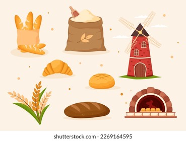 Bread Mill Illustration with Wheat Sacks, Various Breads and Windmill for Web Banner or Landing Page in Flat Cartoon Hand Drawn Templates