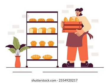 Bread Mill Vector Illustration featuring Wheat Sacks, Assorted Breads, and a Windmill for Bakery Products in a Flat Style Cartoon Background