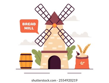 Bread Mill Vector Illustration featuring Wheat Sacks, Assorted Breads, and a Windmill for Bakery Products in a Flat Style Cartoon Background