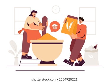 Bread Mill Vector Illustration featuring Wheat Sacks, Assorted Breads, and a Windmill for Bakery Products in a Flat Style Cartoon Background