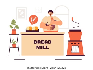 Bread Mill Vector Illustration featuring Wheat Sacks, Assorted Breads, and a Windmill for Bakery Products in a Flat Style Cartoon Background