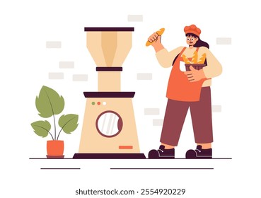 Bread Mill Vector Illustration featuring Wheat Sacks, Assorted Breads, and a Windmill for Bakery Products in a Flat Style Cartoon Background