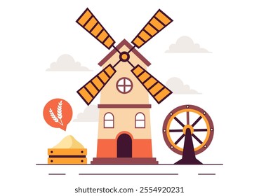 Bread Mill Vector Illustration featuring Wheat Sacks, Assorted Breads, and a Windmill for Bakery Products in a Flat Style Cartoon Background