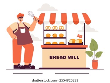 Bread Mill Vector Illustration featuring Wheat Sacks, Assorted Breads, and a Windmill for Bakery Products in a Flat Style Cartoon Background