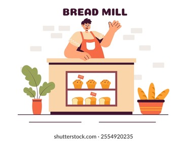 Bread Mill Vector Illustration featuring Wheat Sacks, Assorted Breads, and a Windmill for Bakery Products in a Flat Style Cartoon Background