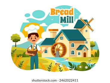 Bread Mill Vector Illustration with Wheat Sacks, Various Breads and Windmill for Product Bakery in Flat Cartoon Background Design