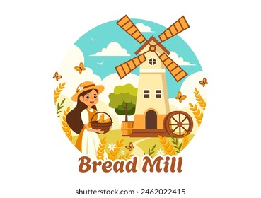 Bread Mill Vector Illustration with Wheat Sacks, Various Breads and Windmill for Product Bakery in Flat Cartoon Background Design