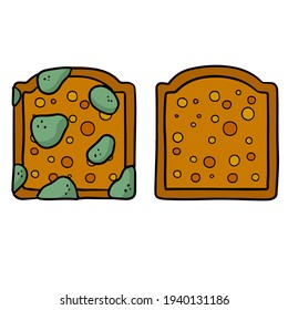 Bread with mold. Incorrect storage of the product. Fungus and rot. Sliced loaf for a sandwich. Cartoon illustration