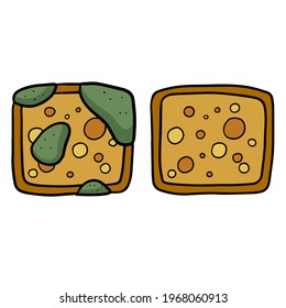Bread with mold. Incorrect storage of the product. Fungus and rot. Sliced loaf for a sandwich. Cartoon illustration