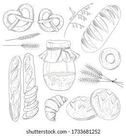 Bread monochrome sketch and baker items. Vector isolated sourdough, wheat bread bagel or toast loaf and croissant or rye bun and ciabatta baguette 