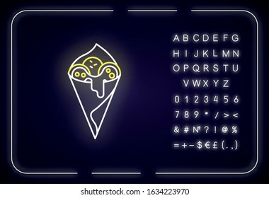 Сheese bread neon light icon. Arancini. Pão de queijo. Brazilian traditional food. National cuisine. Outer glowing effect. Sign, alphabet, numbers and symbols. Vector isolated RGB color illustration