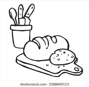  bread on a cutting board, kitchen utensils. vector illustration in doodle style