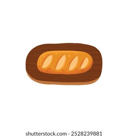 Bread on cutting board. Sliced farm grain rustic loafs on wooden board with knife, natural cereal bakery products, healthy food concept. Vector set on white background