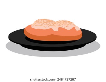 Bread on a lid with cheese topping. Simple flat illustration. 