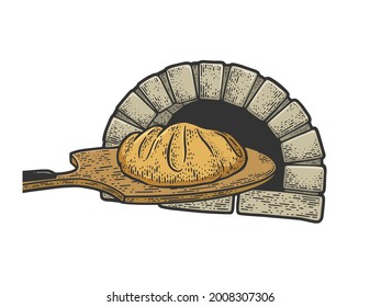 el pan sobre la paleta y el horno de la línea de color boceto grabado ilustración vectorial. Diseño de impresión de ropa de camiseta. Imitación de tablero de raquetas. Imagen dibujada a mano en blanco y negro.