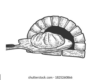 bread on paddle and oven sketch engraving vector illustration. T-shirt apparel print design. Scratch board imitation. Black and white hand drawn image.