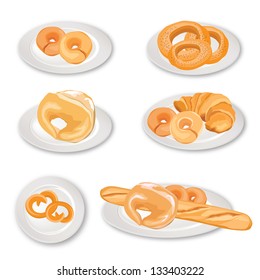 Bread on plate set. Grain food background. Different country cuisine set