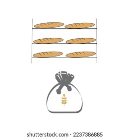 Bread on shelves and a sack with wheat symbol on it