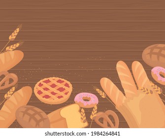 bread on table, donuts baguette pretzel