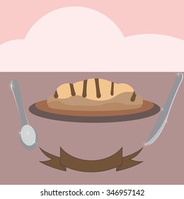 Bread on the table with spoons, knives and ribbon for your text.