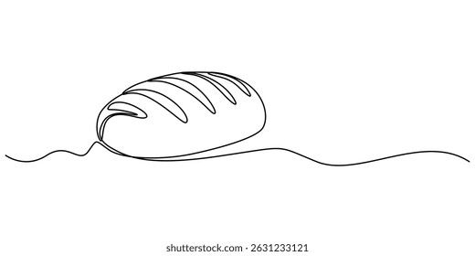 pão um desenho de linha, um pão de linha, Um desenho de linha contínua de pão de pão longo, desenho contínuo pro arte Pão na forma de uma baguete, esboço simples linha preta de baguette francês rápido