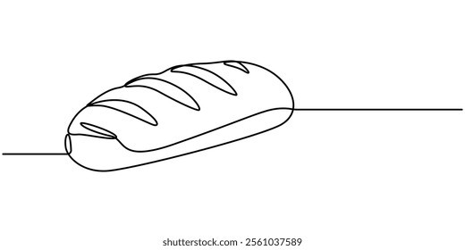 bread one line drawing, One continuous line drawing of long loaf bread. Simple black line sketch of French baguette, bakery and cafe concept good for logo. Vector illustration, Fast Food continuous. 