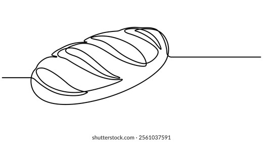 bread one line drawing, One continuous line drawing of long loaf bread. Simple black line sketch of French baguette, bakery and cafe concept good for logo. Vector illustration, Fast Food continuous. 