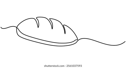 bread one line drawing, One continuous line drawing of long loaf bread. Simple black line sketch of French baguette, bakery and cafe concept good for logo. Vector illustration, Fast Food continuous. 