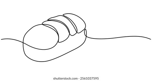 bread one line drawing, One continuous line drawing of long loaf bread. Simple black line sketch of French baguette, bakery and cafe concept good for logo. Vector illustration, Fast Food continuous. 