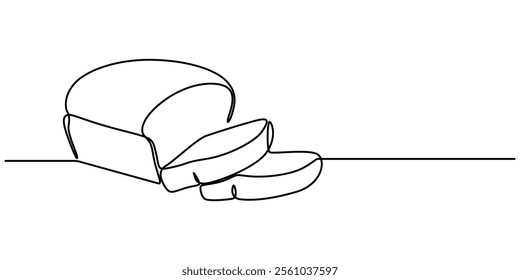 bread one line drawing, One continuous line drawing of long loaf bread. Simple black line sketch of French baguette, bakery and cafe concept good for logo. Vector illustration, Fast Food continuous. 