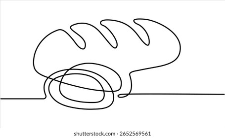 Pão um desenho de linha, Um desenho de linha contínua de pão longo, Pão na forma de uma baguete. Pão de sanduíche longo. pão de uma linha.