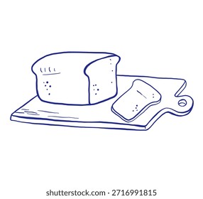 Dibujo de contorno de pan, producto horneado caprichoso a bordo para picnic, ilustración de línea de doodle