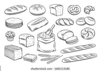 Bread outline icons. Drawing rye, whole grain and wheat bread, pretzel, muffin, pita , ciabatta, croissant, bagel, toast bread, french baguette for design menu bakery. Vector illustration.