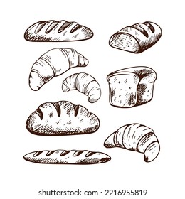 Bread outline icons. Drawing rye, whole grain and wheat bread, croissant, french baguette for design menu. Vector illustration