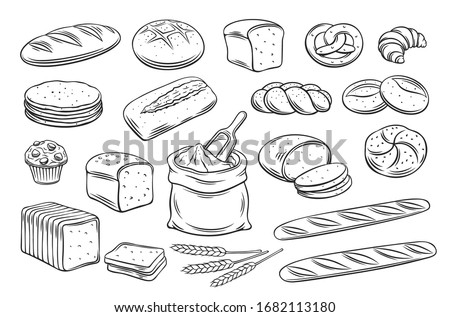 Bread outline icons. Drawing rye, whole grain and wheat bread, pretzel, muffin, pita , ciabatta, croissant, bagel, toast bread, french baguette for design menu bakery. Vector illustration.