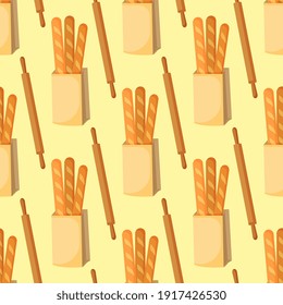 Bread in packages of craft paper, rolling pin. Pastries, local bakery. Hand drawn cozy background, vector pattern.
