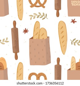Pan en paquetes de papel artesanal. Anís de estrella y rodillo. Cocina, bollería y panadería local. La inscripción en el embalaje horneado hoy. Fondo acogedor dibujado a mano, patrón sin fisuras vectorial.