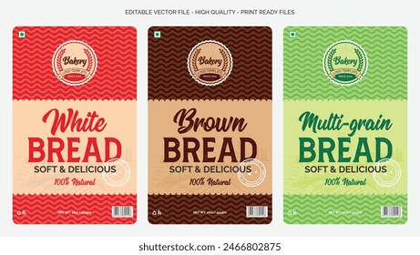 Bread packaging design template, bread and bakery products logo design sticker label design, fresh white brown and multigrain bread labels design editable vector print ready template file download