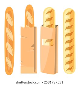 Bread in a paper bag. Packed French Baguette, loaf. Vector illustration in flat style.