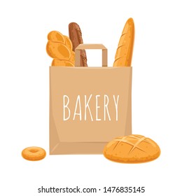 Bread In Paper Bag. Vector Bakery Pastry Products - Wheat Bread, French Baguette, Donut.