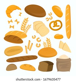 Bread and pasta set vector isolated. Collection of various bakery products. Tasty and fresh meal. Delicious bun, baguette and loaf of rye bread.