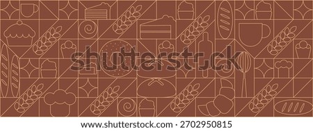Bread and pastries background. Abstract bakery menu background with line drawing. Geometric pattern bread, croissant, donut. Bakery line pattern.