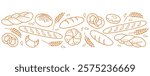 Bread and pastries background. Seamless pattern with bakery products and pastries. Fresh and natural bread, rolls, baguettes, donuts, bagels and croissants. Bakery and shop banner background template