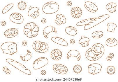 Bread and pastries background. Seamless pattern with hand drawn bakery products. Design web site, packing, textile, fabric. Isolated on white background. Vector illustration