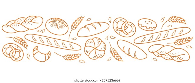 Bread and pastries background. Seamless pattern with bakery products and pastries. Fresh and natural bread, rolls, baguettes, donuts, bagels and croissants. Bakery and shop banner background template