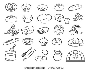 Bread, pastries and bakery icons set. Set of bakery products signs and symbols. Fresh and natural bread, rolls, baguettes, donuts, bagels and croissants. Linear logos isolated on white background