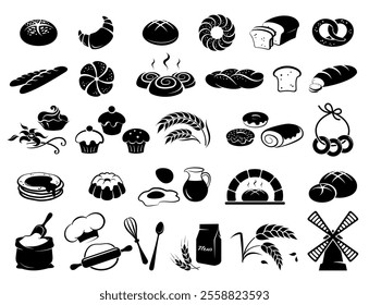 Bread, pastries and bakery icons set. Set of bakery products signs and symbols. Fresh and natural bread, rolls, baguettes, donuts, bagels and croissants. Isolated silhouette on white background