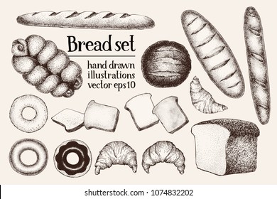 Bread and pastries. Bakery set. Hand drawn illustrations for bakery shop. Vector retro illustrations in sketch style.